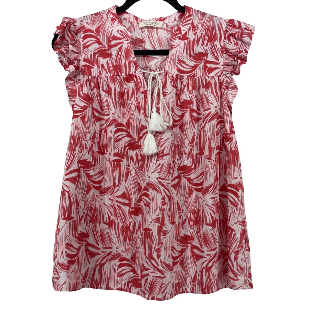 Doe and Rae Size Small Blouse Red White Tropical Boho Tassel Ruffle Top Vacation